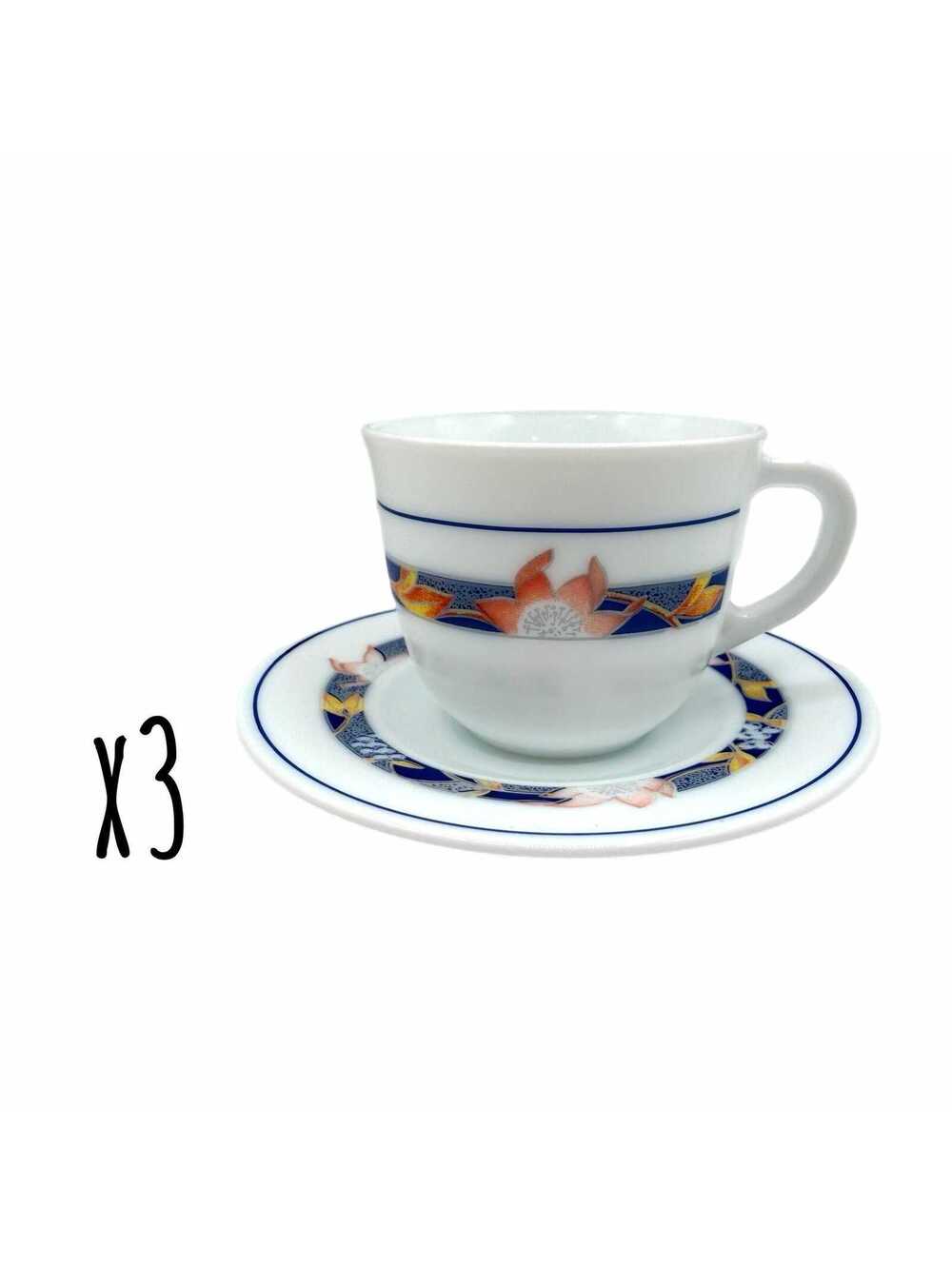 Set of 3 Vintage Harmonia Spain Milk Glass Teacup & Saucer Sets